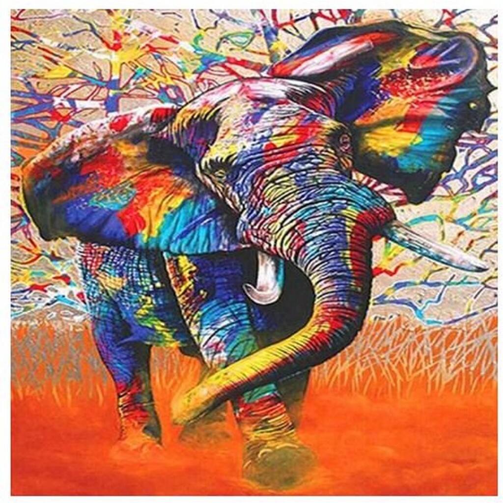 Løbende elefant - Runde sten - 50 x 50 cm - Lærred, sten, pen, bakke, gele, poser til stenene