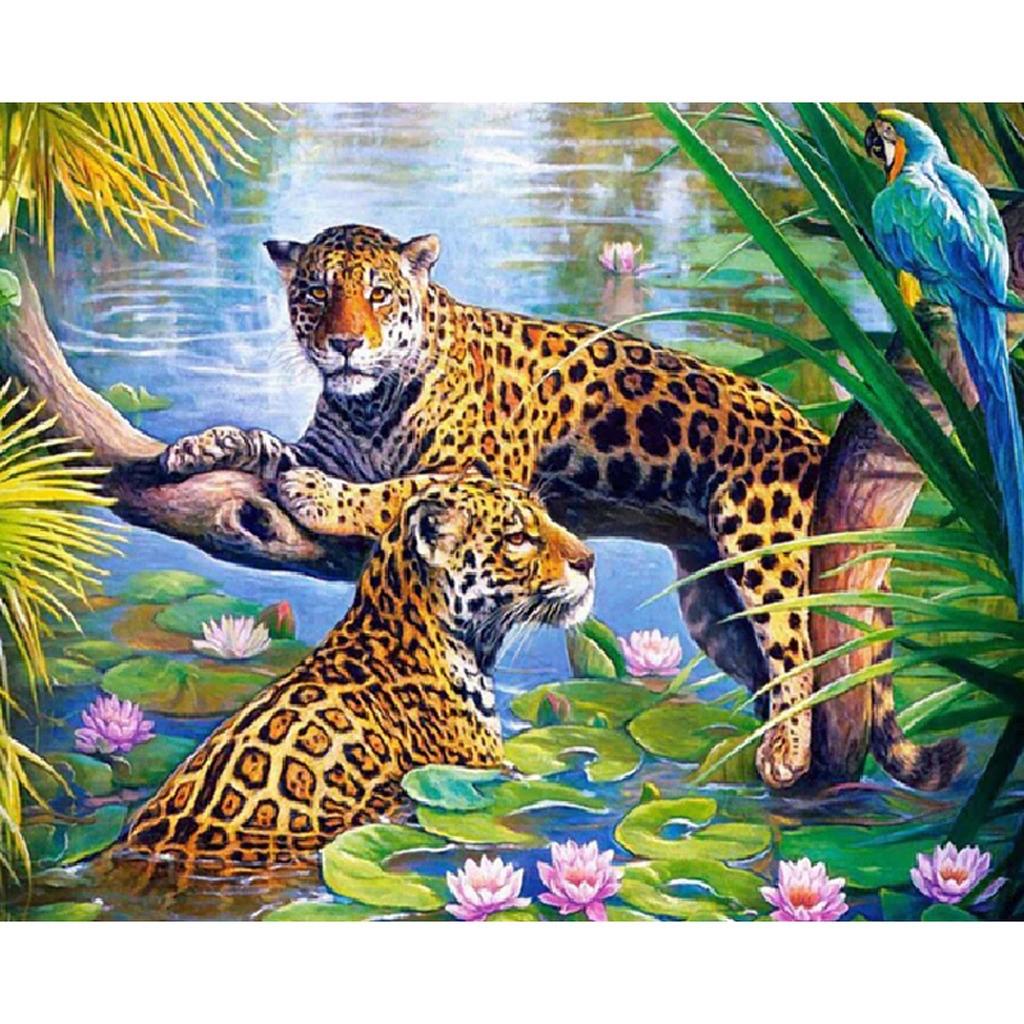 2 leoparder og papegøje - Firkantede sten - 75 x 60 cm - Lærred, sten, pen, bakke, gele, poser til stenene