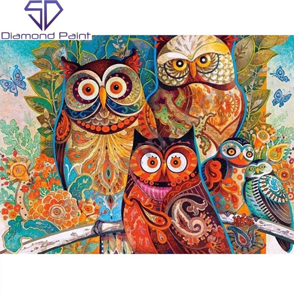Uglefamilie - Firkantede sten - 65 x 50 cm - Lærred, sten, pen, bakke, gele