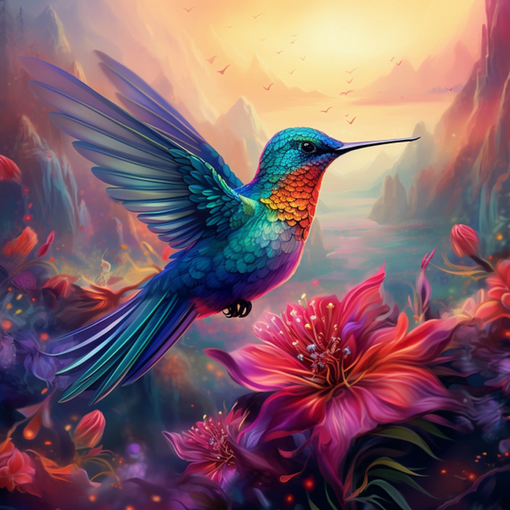Farverig kolibri - Premium - Firkantede sten - 50 x 50 cm - Med saml-selv-ramme - Lærred, sten, pen, bakke, gele, poser til stenene