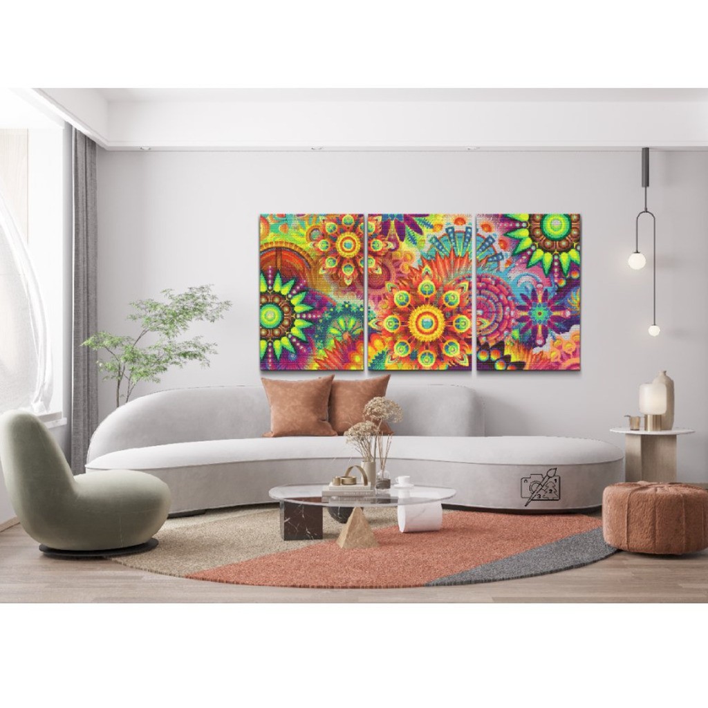 Farverig mandala i 3 dele - Premium - Runde sten - 3 x 60x80 cm - med-saml-selv-ramme