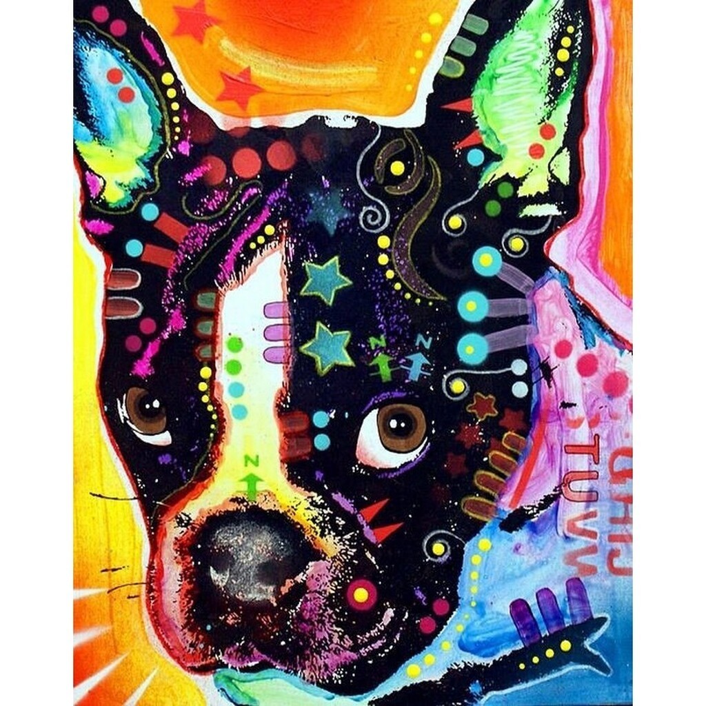 Hund med farver og symboler - Runde sten - 60 x 75 cm - Lærred, sten, pen, bakke, gele