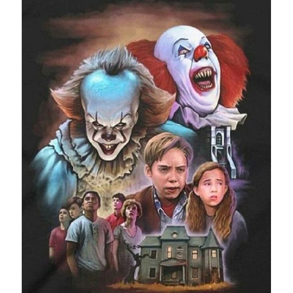 Pennywise (IT) filmplakat - Firkantede sten - 50 x 70 cm - Lærred, sten, pen, bakke, gele