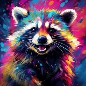 Farverig vaskebjørn - Premium - Runde sten - 80 x 80 cm - med-saml-selv-ramme - Lærred, sten, pen, bakke, gele, poser til stenene