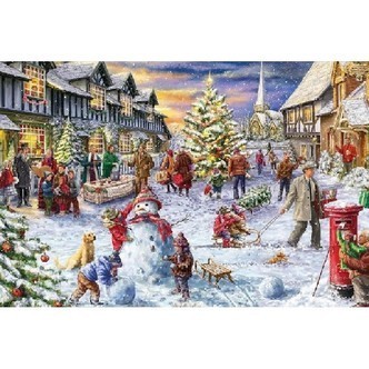Jul i byen - Runde sten - 75 x 50 cm - Lærred, sten, pen, bakke, gele