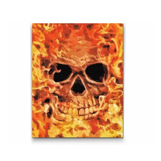 Dødningehoved med ild i - Premium - Runde sten - 30 x 40 cm - Lærred, sten, pen, bakke, gele, poser til stenene - med-saml-selv-ramme