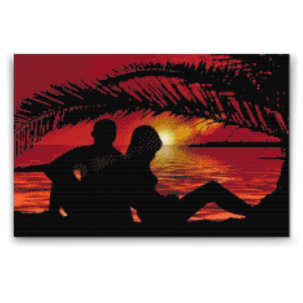 Par ved solnedgang - Premium - Runde sten - 120 x 80 cm - Lærred, sten, pen, bakke, gele, poser til stenene - Med saml-selv-ramme