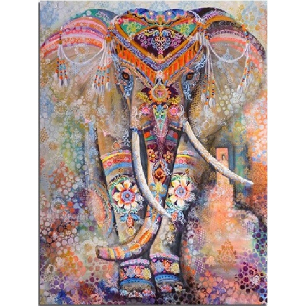 Dekorativ elefant - Runde sten - 45 x 60 cm - Lærred, sten, pen, bakke, gele