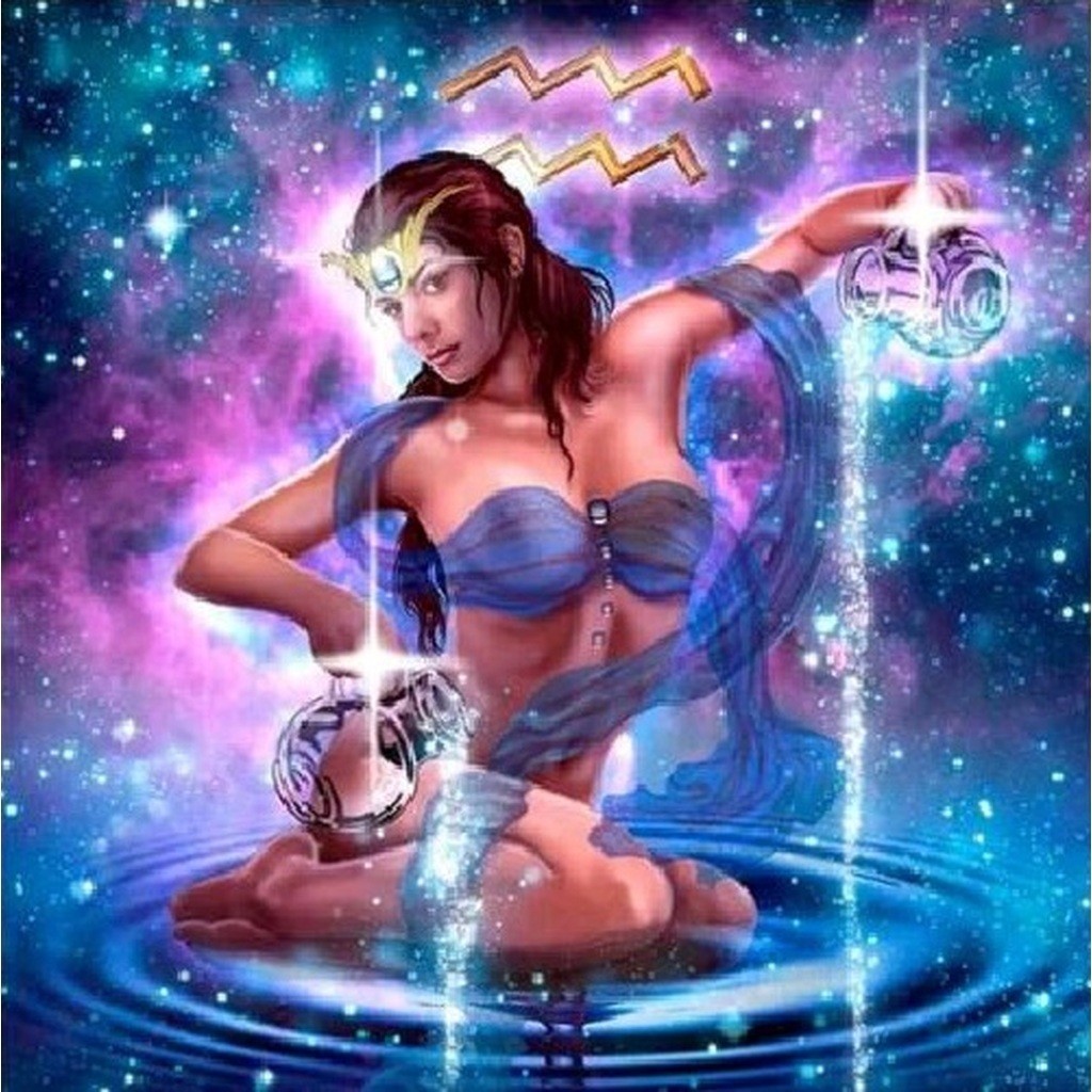 Stjernetegn Vandmand - Runde sten - 40 x 40 cm - Lærred, sten, pen, bakke, gele