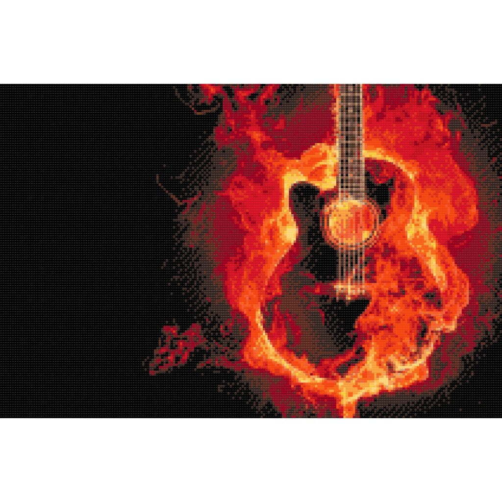 Brændende guitar - Premium - Firkantede sten - 120 x 80 cm - Lærred, sten, pen, bakke, gele, poser til stenene - med-saml-selv-ramme
