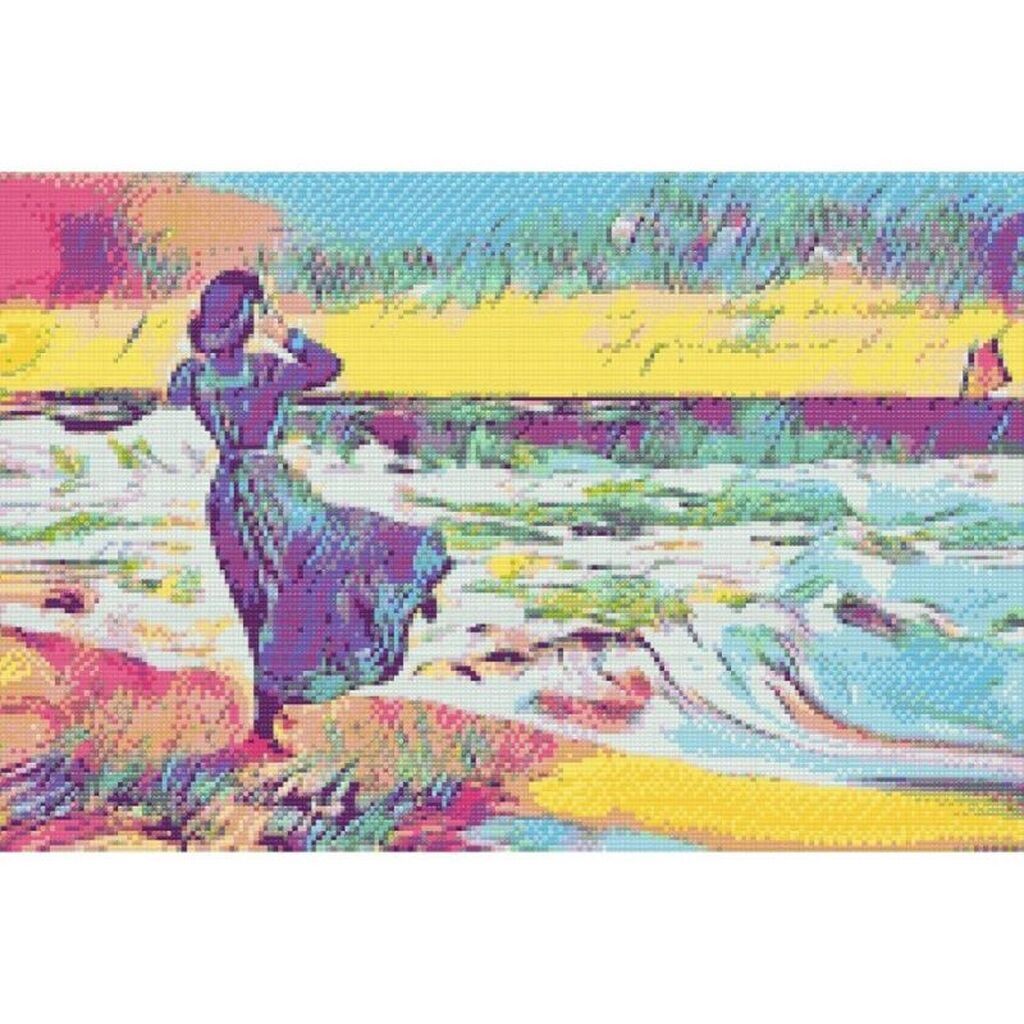 Kvinde på strand - Premium - Runde sten - 120 x 80 cm - Lærred, sten, pen, bakke, gele, poser til stenene - med-saml-selv-ramme