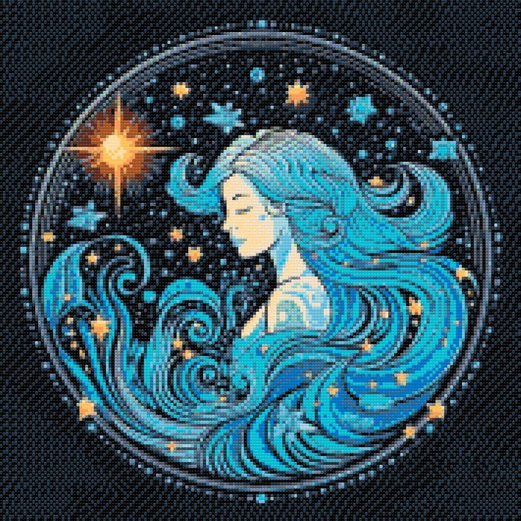 Stjernetegn vandmanden (C) - Premium - Runde sten - 50 x 50 cm - Opspændt på ramme - Lærred, sten, pen, bakke, gele, poser til stenene