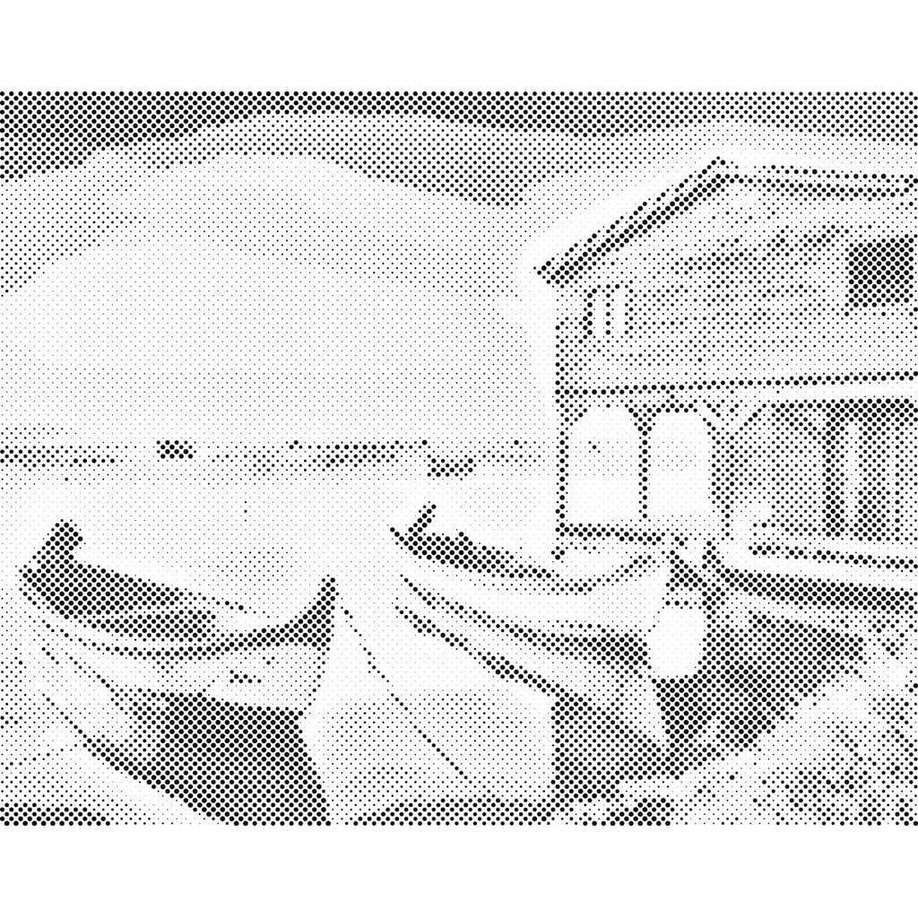 Mal med Prikker - Både ved træhus - Opspændt på ramme - 40 x 30 cm