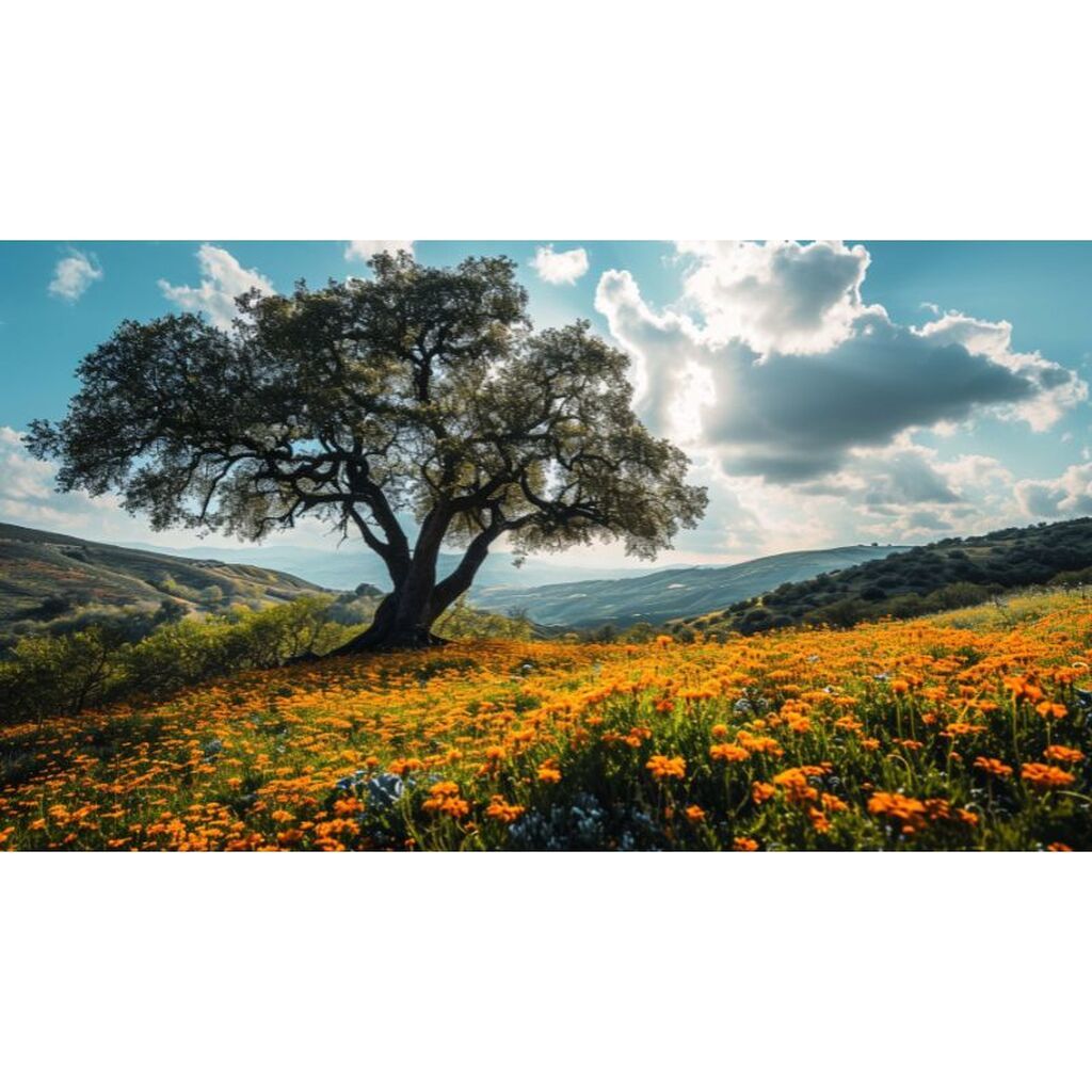 Træ på eng - Premium - Runde sten - 60 x 40 cm - Lærred, sten, pen, bakke, gele, poser til stenene - Uden ramme