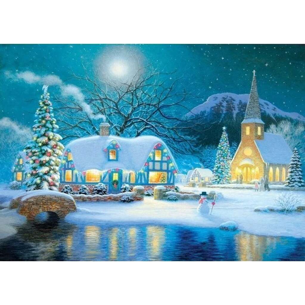 Julekirke med snemand - Firkantede sten - 70 x 50 cm - Lærred, sten, pen, bakke, gele