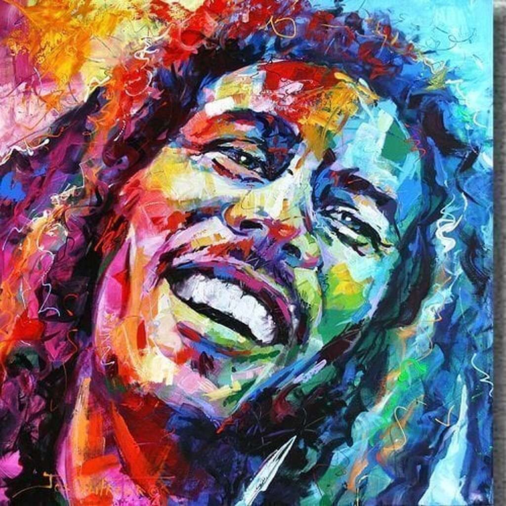 Bob Marley i mange farver - Firkantede sten - 50 x 50 cm - Lærred, sten, pen, bakke, gele