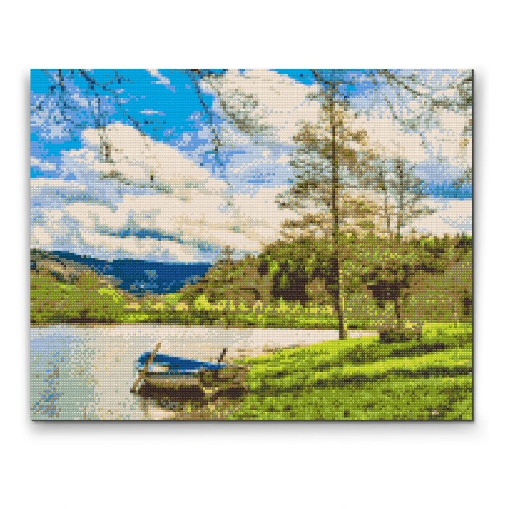 Smuk bjergsø - Premium - Firkantede sten - 80 x 60 cm - Lærred, sten, pen, bakke, gele, poser til stenene - Med saml-selv-ramme
