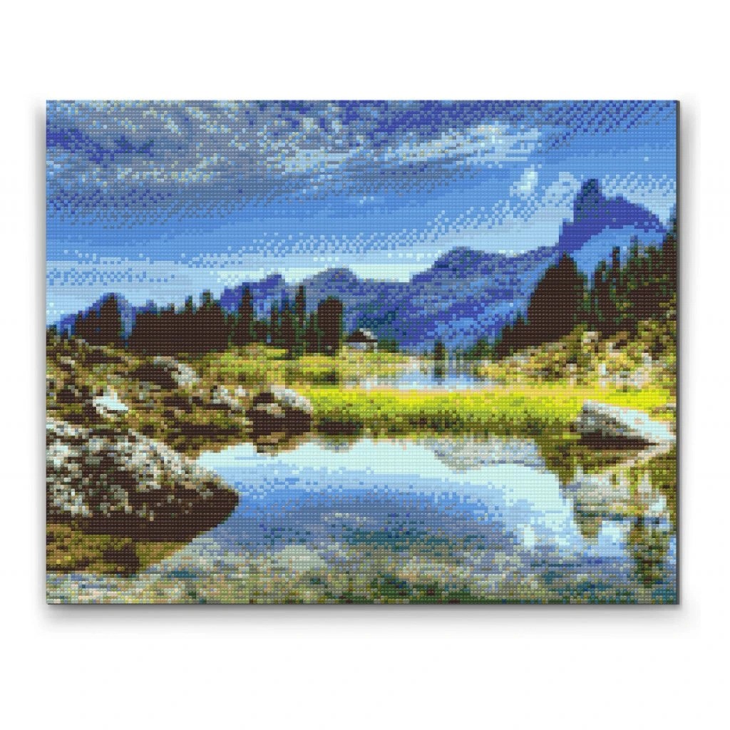 Dolomitterne i Italien - Premium - Runde sten - 100 x 80 cm - Lærred, sten, pen, bakke, gele, poser til stenene - med-saml-selv-ramme