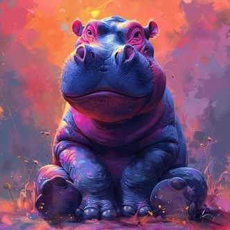 Farverig flodhest - Premium - Firkantede sten - 50 x 50 cm - med-saml-selv-ramme - Lærred, sten, pen, bakke, gele, poser til stenene