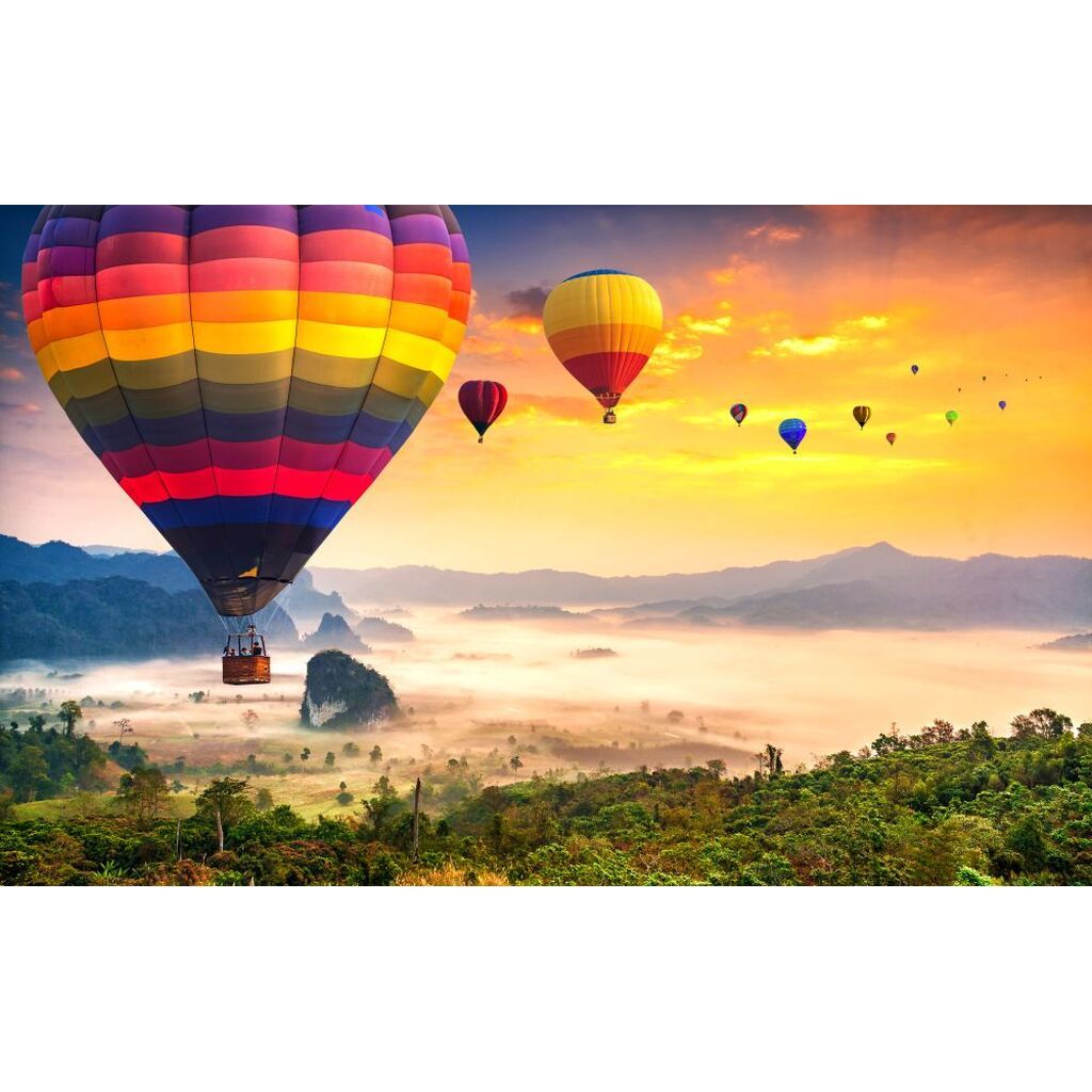 Luftballon over smukt landskab - Luftballon D - Runde sten - 40 x 65 cm - Lærred, sten, pen, bakke, gele