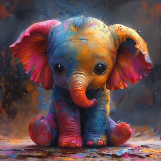 Farverig baby elefant - Premium - Firkantede sten - 50 x 50 cm - med-saml-selv-ramme - Lærred, sten, pen, bakke, gele, poser til stenene