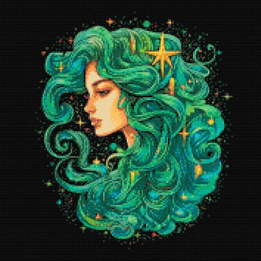 Stjernetegn jomfruen (C) - Premium - Runde sten - 50 x 50 cm - med-saml-selv-ramme - Lærred, sten, pen, bakke, gele, poser til stenene