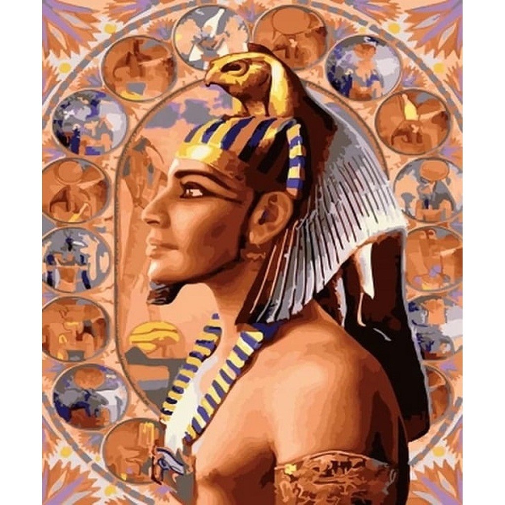 Egyptisk Farao - Mand - Runde sten - 50 x 60 cm - Lærred, sten, pen, bakke, gele