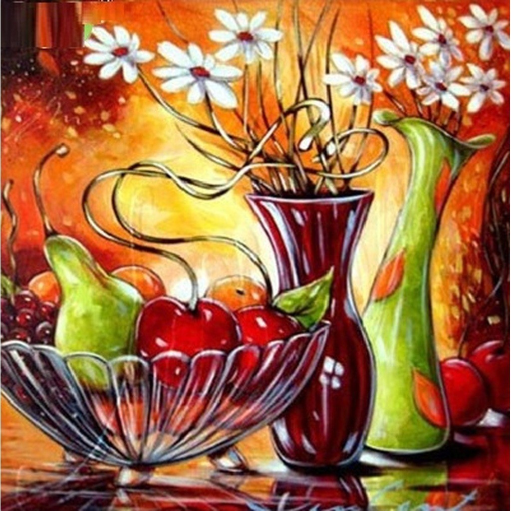 Frugtkurv og blomster - Runde sten - 50 x 50 cm - Lærred, sten, pen, bakke, gele