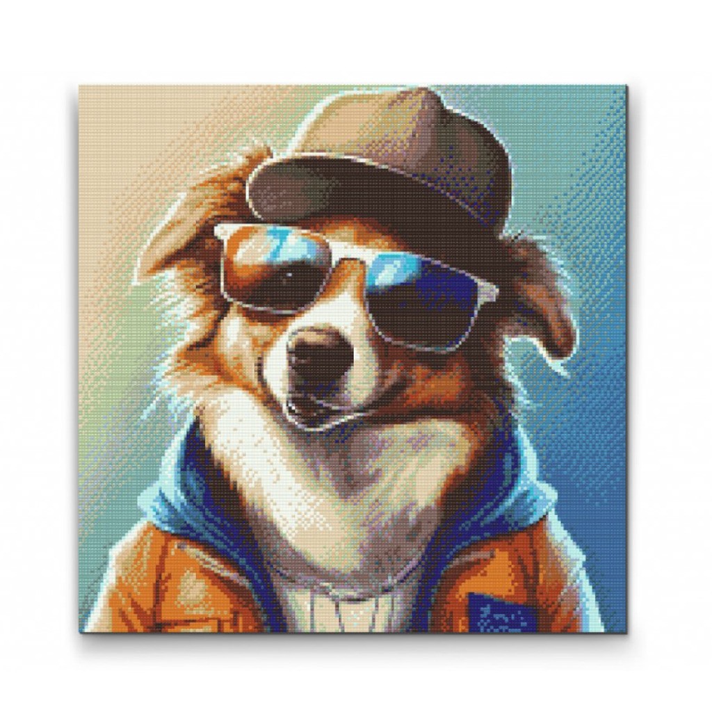 Hund med fede solbriller 3 - Premium - Firkantede sten - 50 x 50 cm - med-saml-selv-ramme - Lærred, sten, pen, bakke, gele, poser til stenene