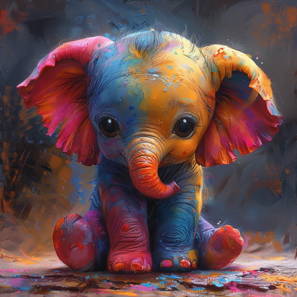 Farverig baby elefant - Premium - Firkantede sten - 80 x 80 cm - Uden ramme - Lærred, sten, pen, bakke, gele, poser til stenene
