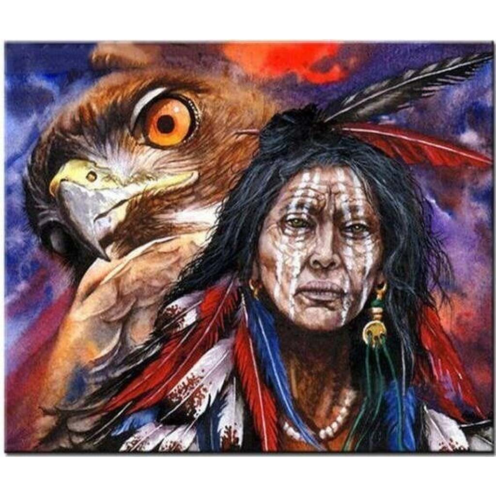 Indianer med ørn - Firkantede sten - 60 x 50 cm - Lærred, sten, pen, bakke, gele, poser til stenene