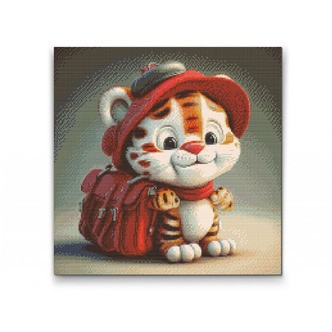 Sød tiger med rygsæk - Premium - Firkantede sten - 80 x 80 cm - Opspændt på ramme - Lærred, sten, pen, bakke, gele, poser til stenene