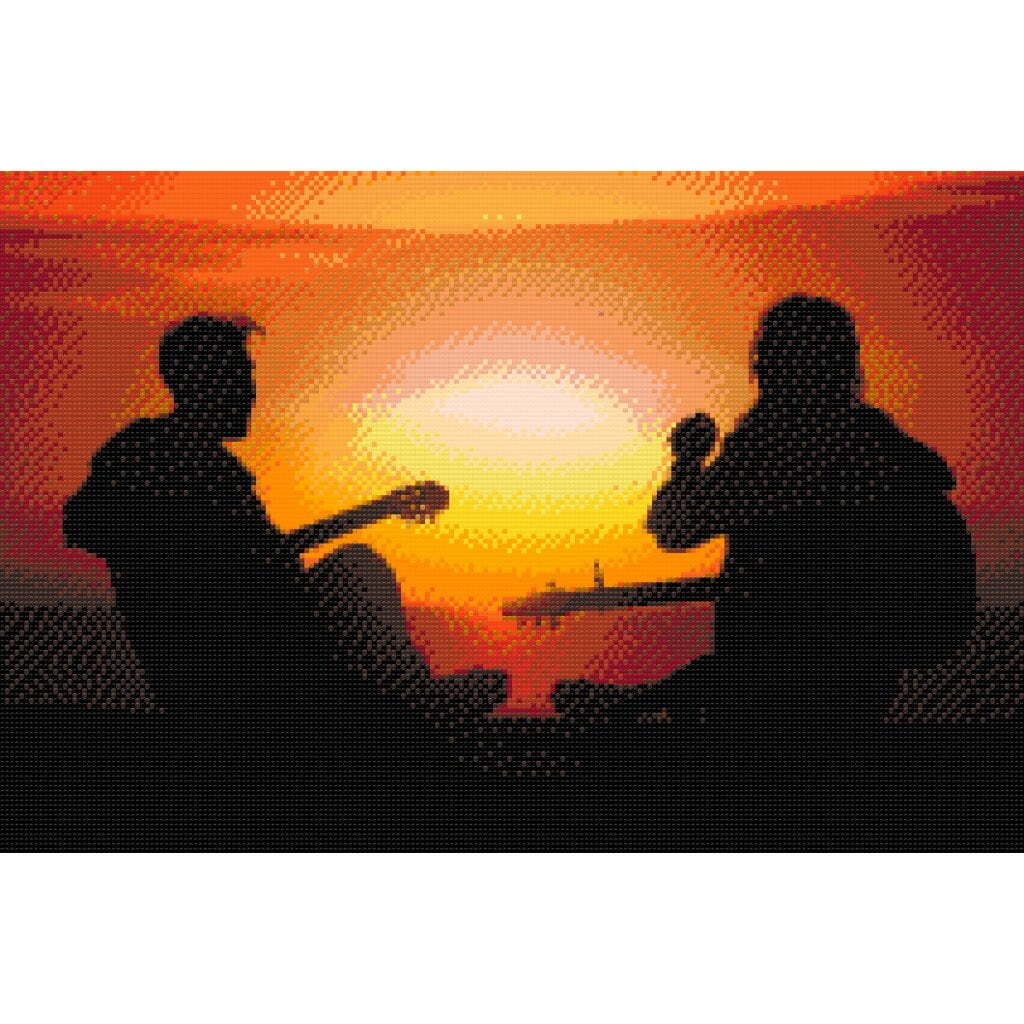 Guitarister ved solnedgang - Premium - Runde sten - 80 x 60 cm - Lærred, sten, pen, bakke, gele, poser til stenene - Opspændt på ramme