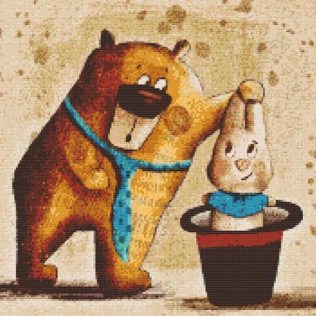 Kanin i hat - Runde sten - 80 x 80 cm - Opspændt på ramme - Lærred, sten, pen, bakke, gele, poser til stenene