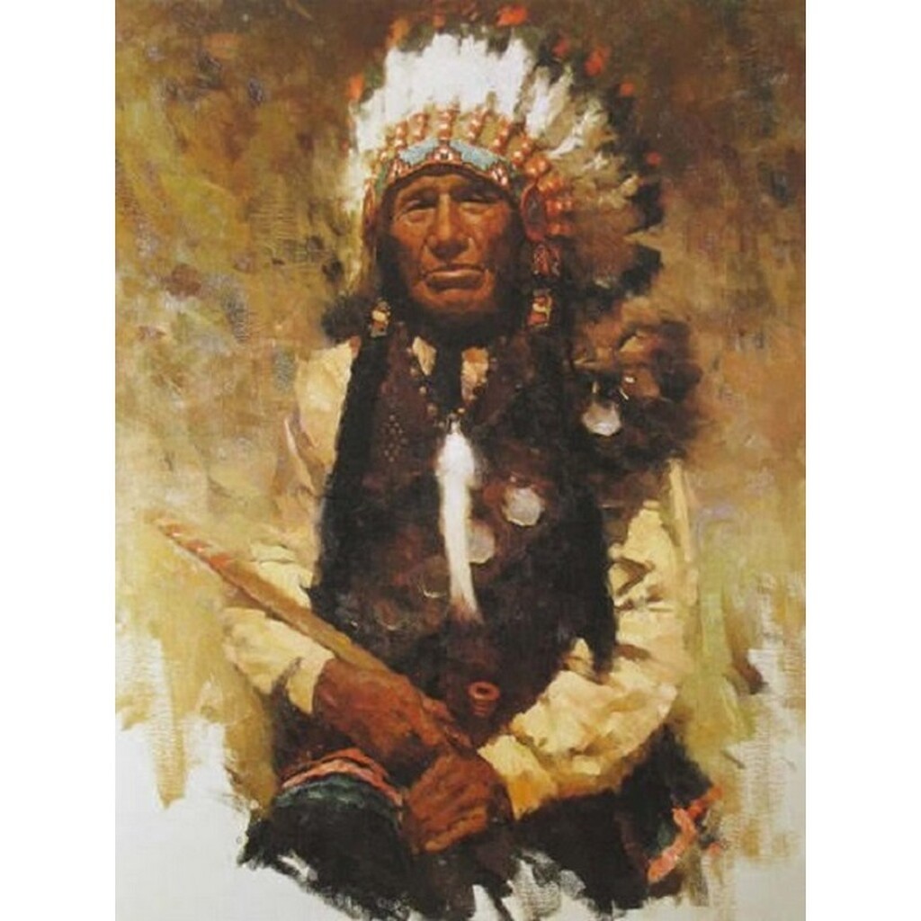 Indianerhøvding - Runde sten - 45 x 60 cm - Lærred, sten, pen, bakke, gele