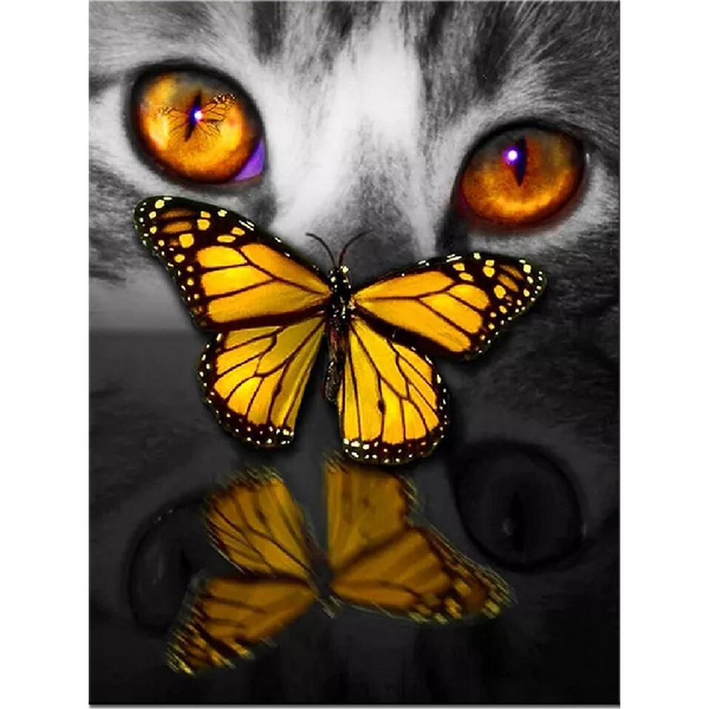 Sort-hvid kat med gul sommerfugl - Runde sten - 45 x 60 cm - Lærred, sten, pen, bakke, gele, poser til stenene