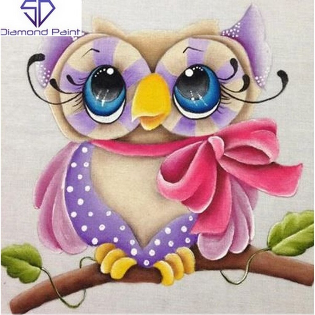 Ugle med sløjfe - Firkantede sten - 40 x 40 cm - Lærred, sten, pen, bakke, gele