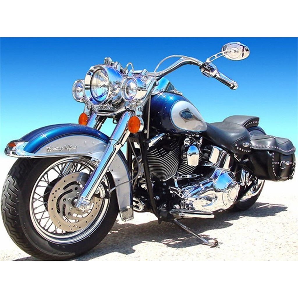 Blå Harley Davidson - Runde sten - 80 x 60 cm - Lærred, sten, pen, bakke, gele