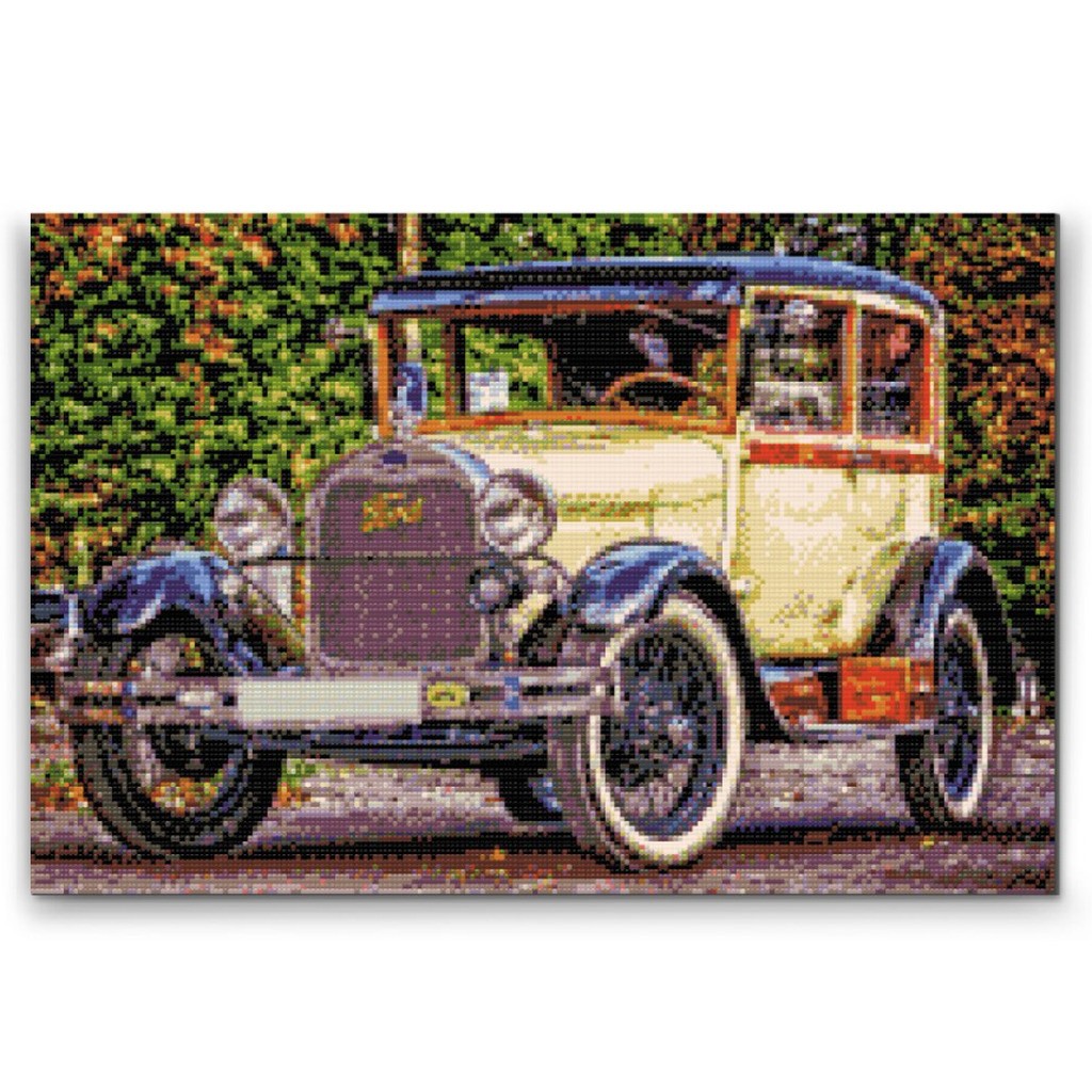 Ford veteranbil - Premium - Runde sten - 120 x 80 cm - Lærred, sten, pen, bakke, gele, poser til stenene - med-saml-selv-ramme