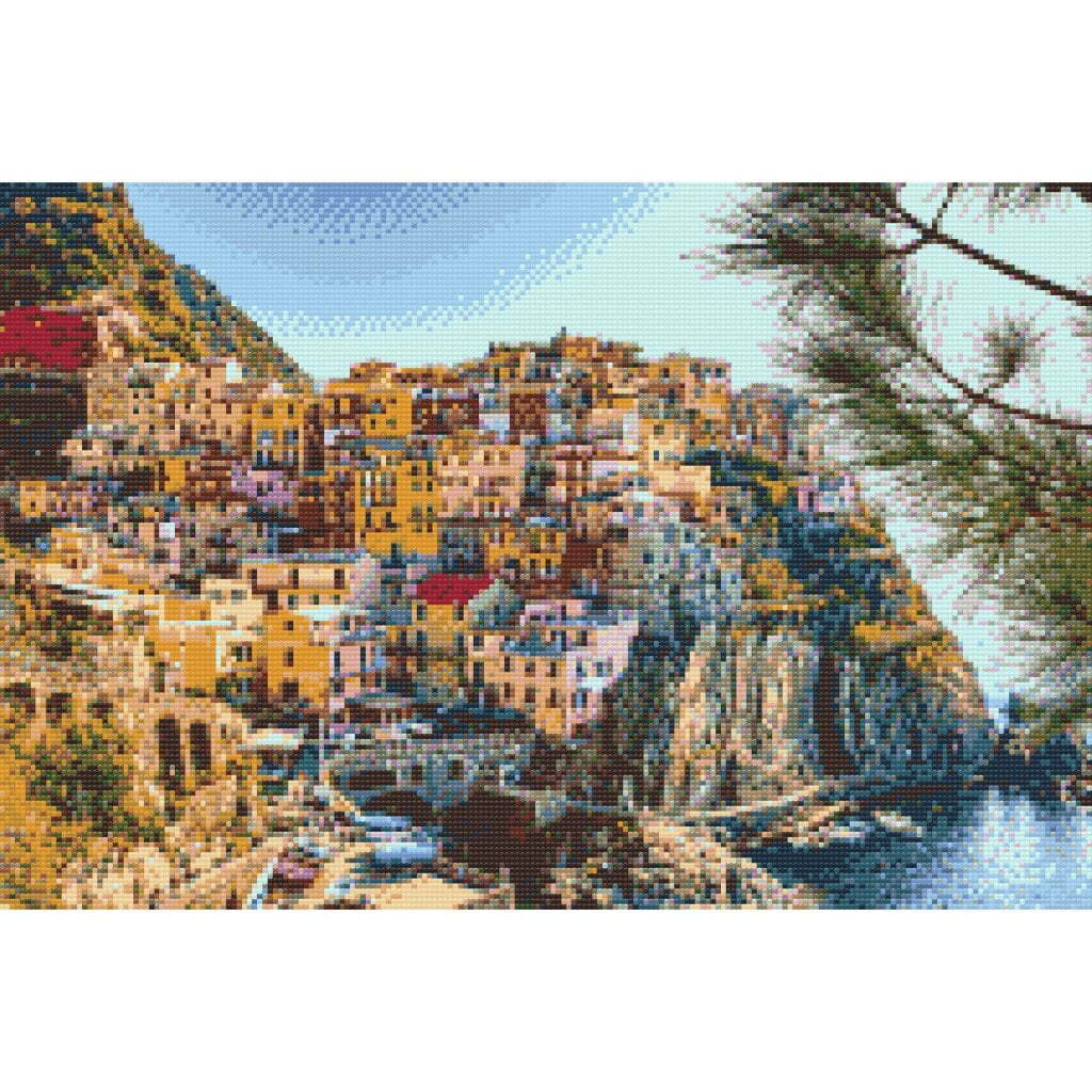 Cinque Terre - Premium - Runde sten - 120 x 80 cm - Lærred, sten, pen, bakke, gele, poser til stenene - med-saml-selv-ramme