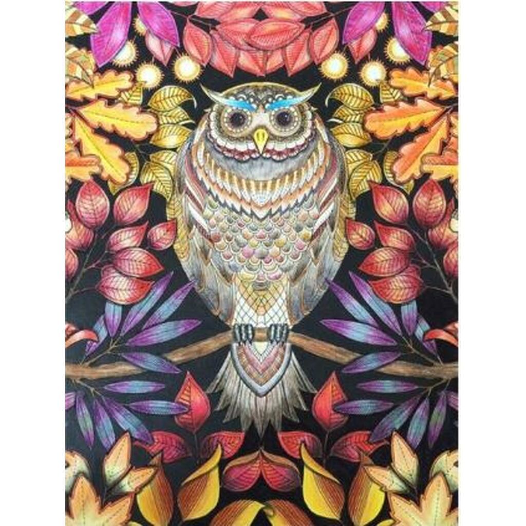 Ugle i brunlige nuancer - Runde sten - 45 x 60 cm - Lærred, sten, pen, bakke, gele