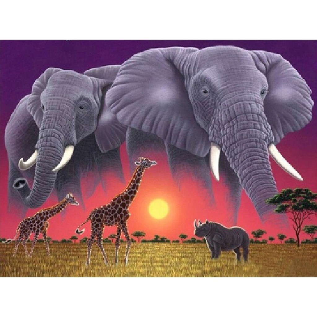 Elefanter, næsehorn og giraffer - Runde sten - 80 x 100 cm - Lærred, sten, pen, bakke, gele