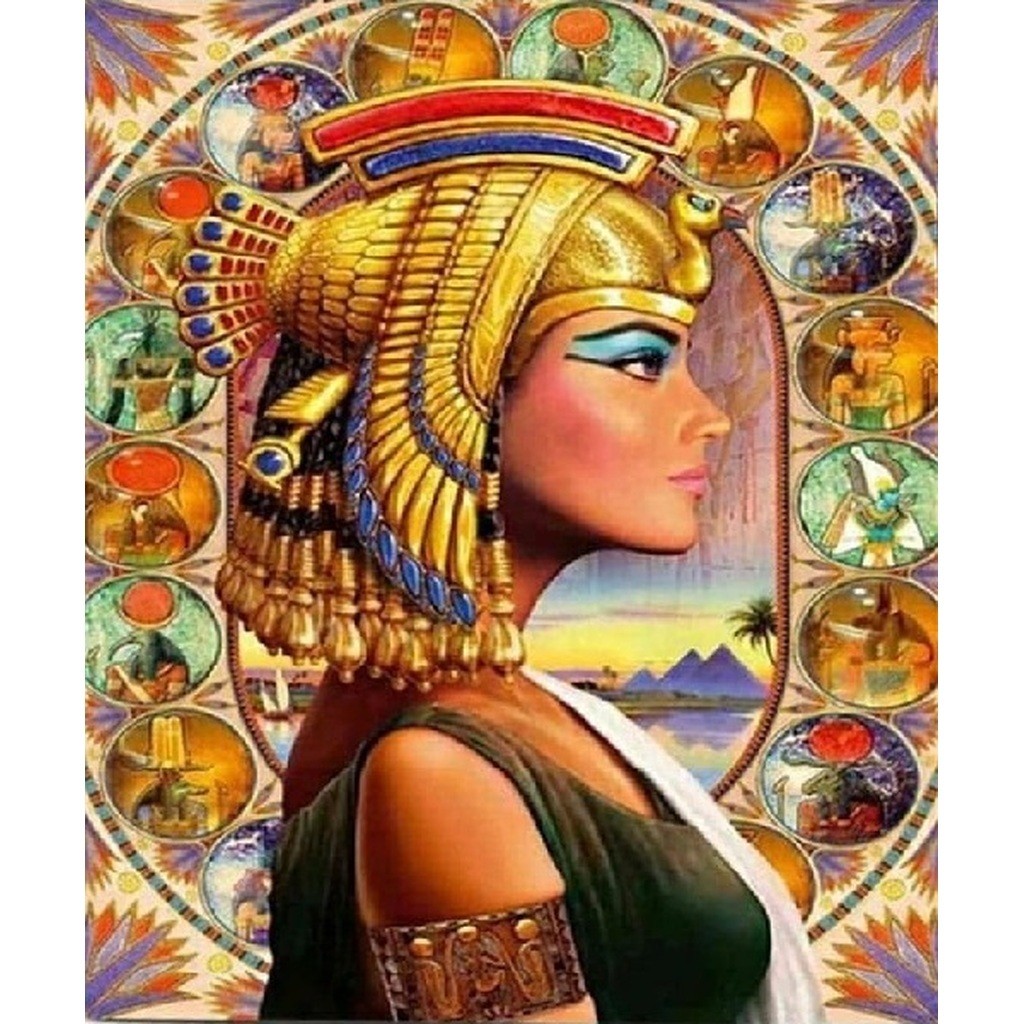 Egyptisk Farao - Dame - Firkantede sten - 60 x 50 cm - Lærred, sten, pen, bakke, gele