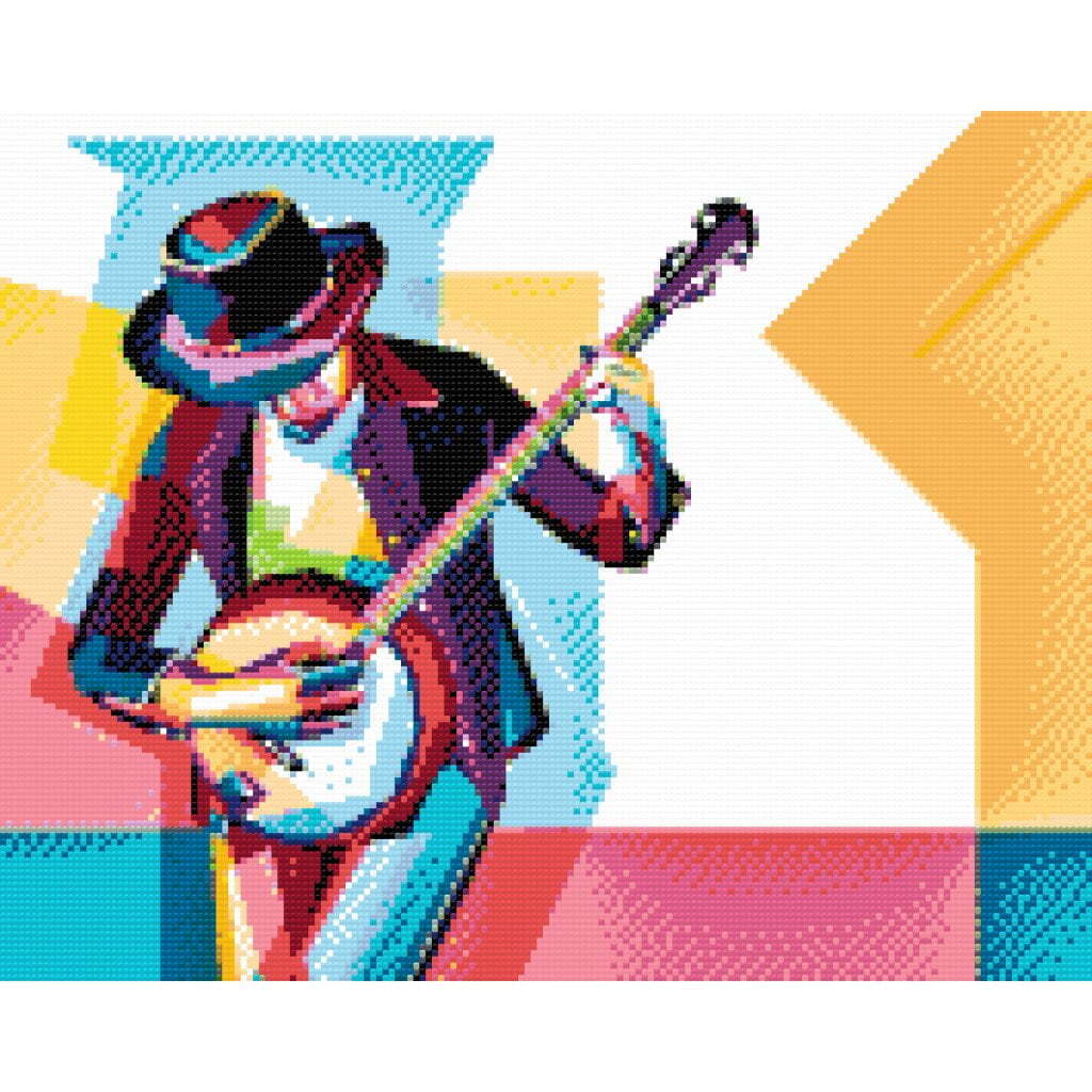 Mand spiller banjo - Premium - Runde sten - 100 x 80 cm - Lærred, sten, pen, bakke, gele, poser til stenene - Opspændt på ramme