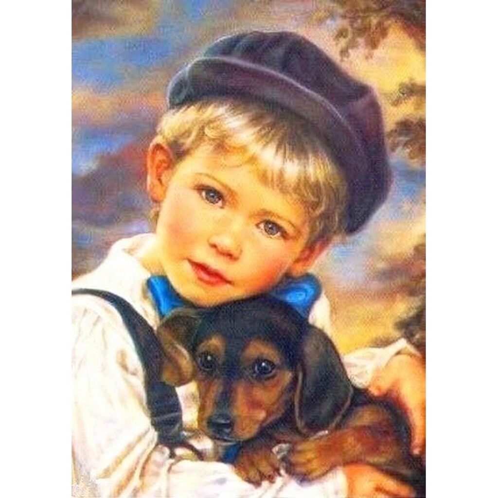 Dreng og hundehvalp - Firkantede sten - 40 x 55 cm - Lærred, sten, pen, bakke, gele