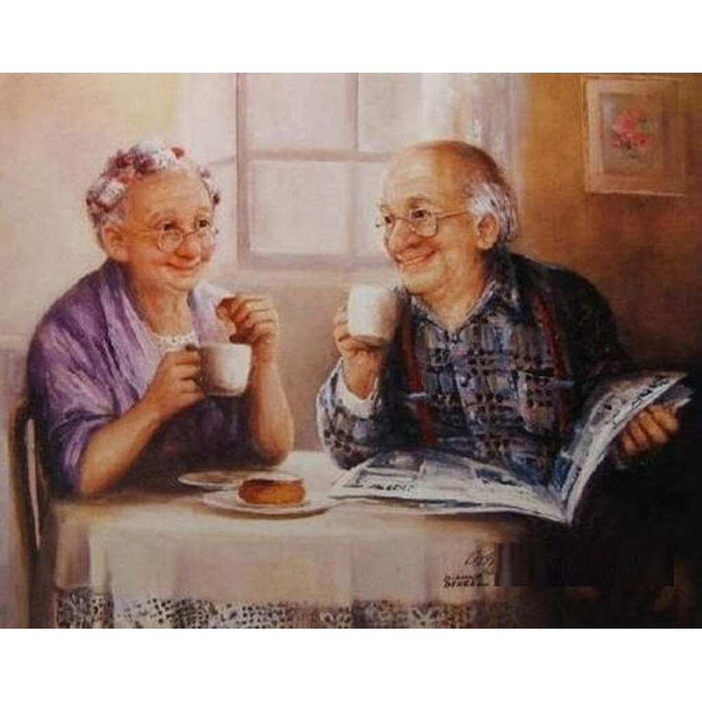 Ældre ægtepar ved bord - Firkantede sten - 65 x 50 cm - Lærred, sten, pen, bakke, gele, poser til stenene