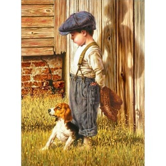 Dreng med hund og baseballhandske - Runde sten - 50 x 65 cm - Lærred, sten, pen, bakke, gele