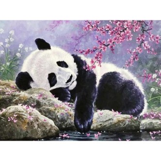 Sovende panda - Runde sten - 60 x 45 cm - Lærred, sten, pen, bakke, gele