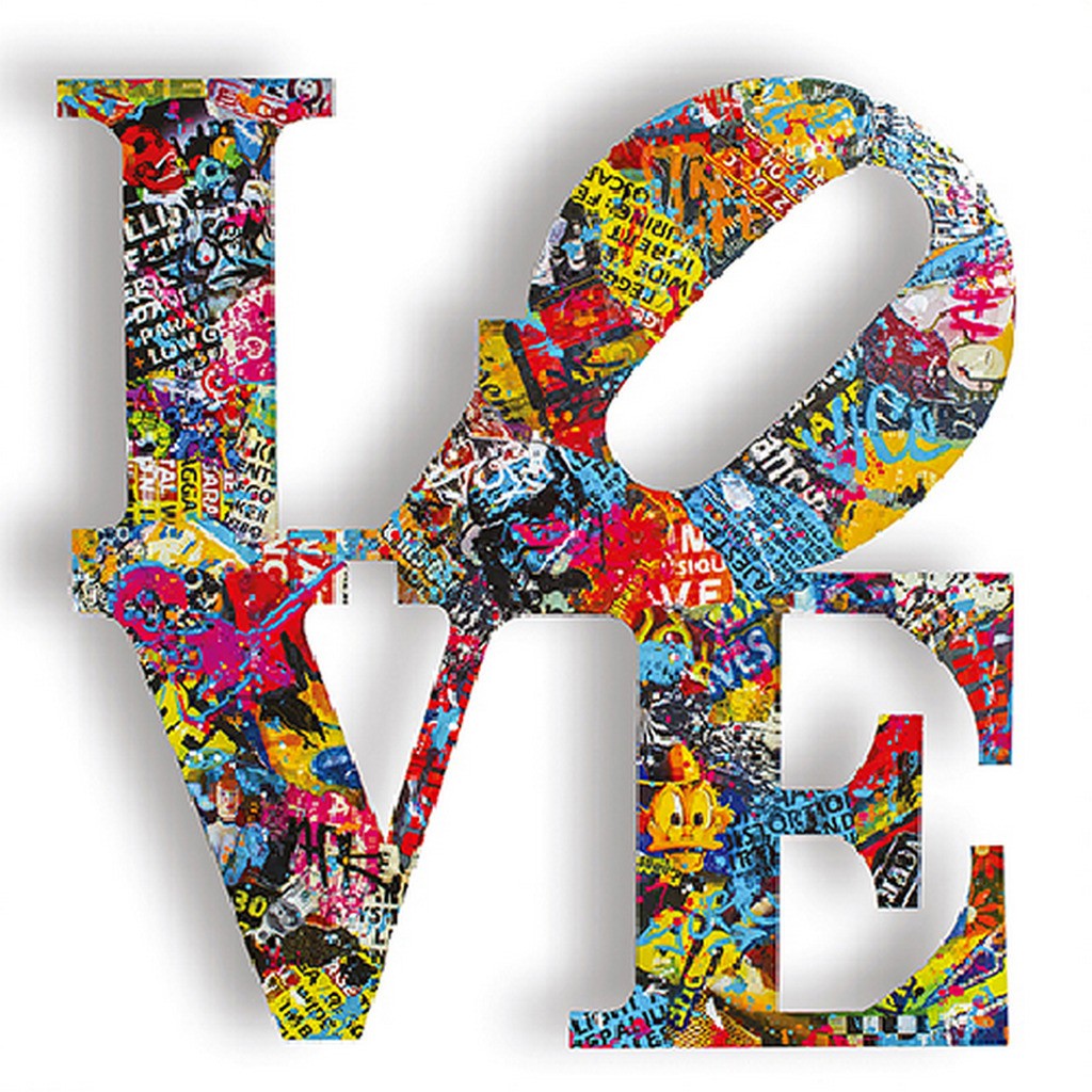 Love grafitti 1 - Runde sten - 50 x 50 cm - Lærred, sten, pen, bakke, gele