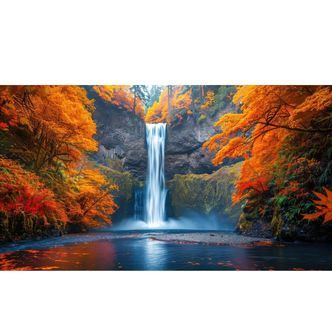Vandfald blandt efterårstræer - Premium - Firkantede sten - 120 x 80 cm - Lærred, sten, pen, bakke, gele, poser til stenene - Opspændt på ramme